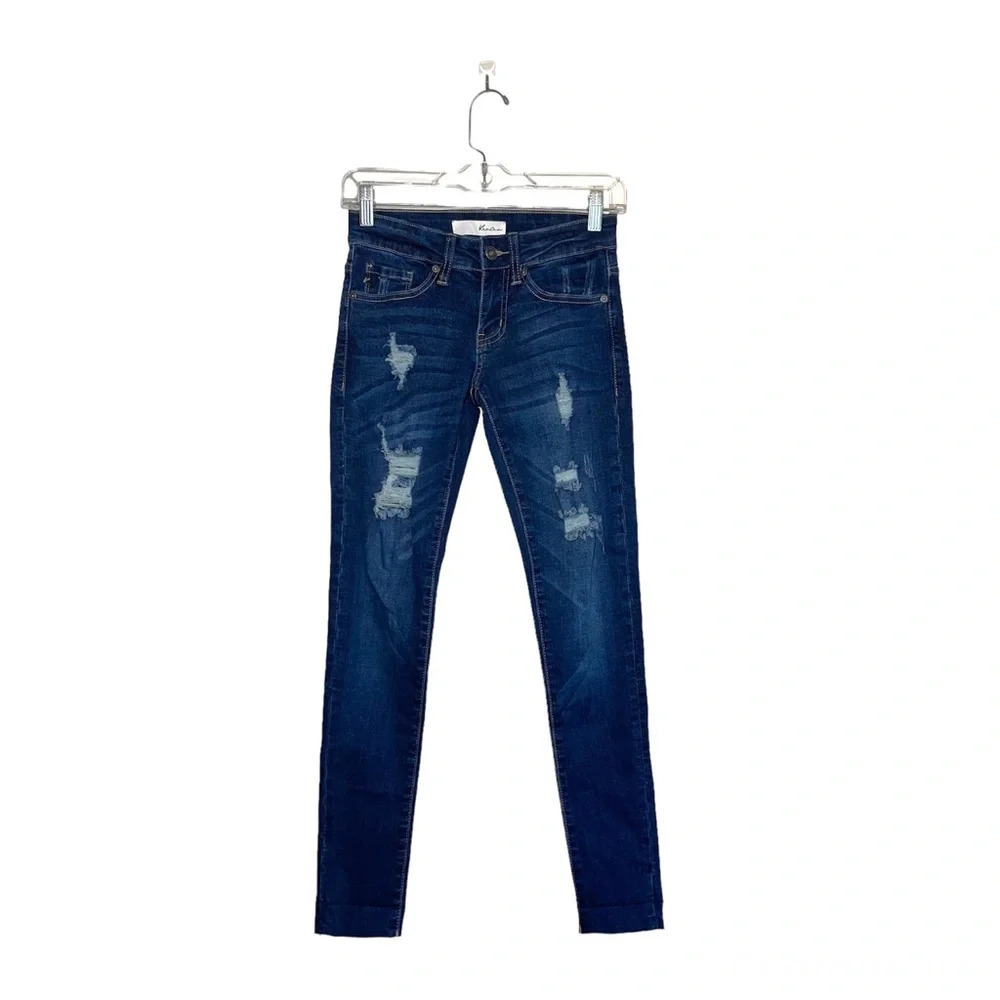 KanCan Dark Wash Distressed Frayed Hem Mid-rise Skinny Jeans 23 0 Women’s